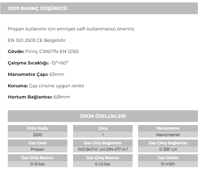 PROPAN BASINÇ DÜŞÜRÜCÜ MANOMETRELİ 2200