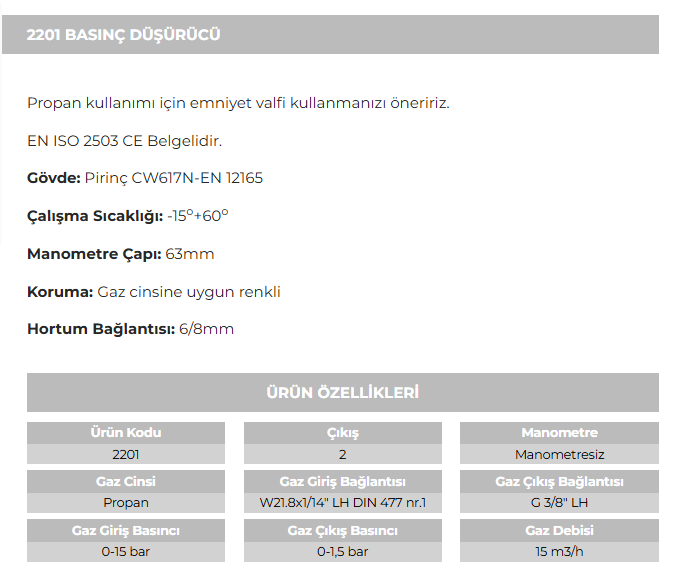 PROPAN BASINÇ DÜŞÜRÜCÜ MANOMETRESİZ 2201