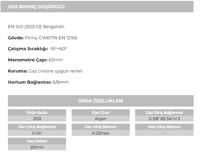 ARGON REGÜLATÖRÜ 10 BAR