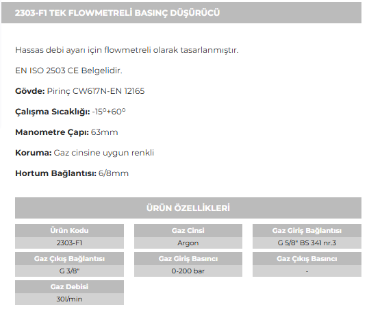 ARGON TEK FLOWMETRELİ REGÜLATÖR 2303-F1